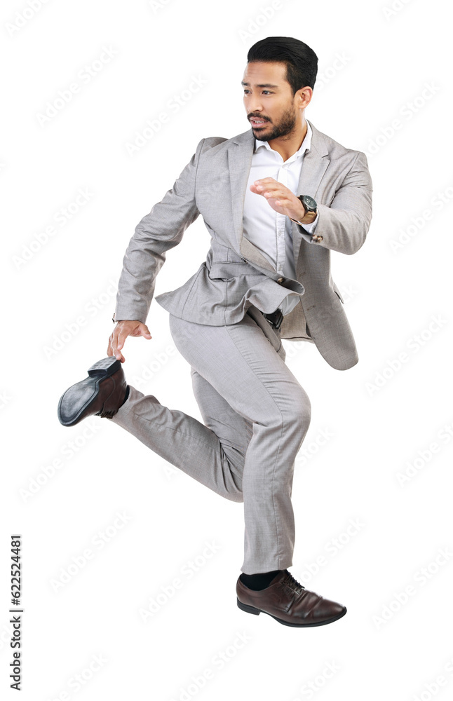 Running, hurry or business man late in work jump, rushing or employee isolated on a transparent back