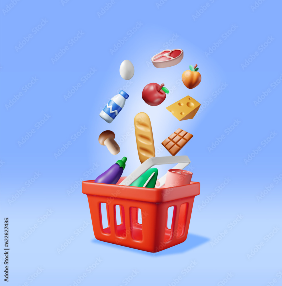 3D Shopping Plastic Basket with Fresh Products. Render Grocery Store, Supermarket. Food and Drinks. 