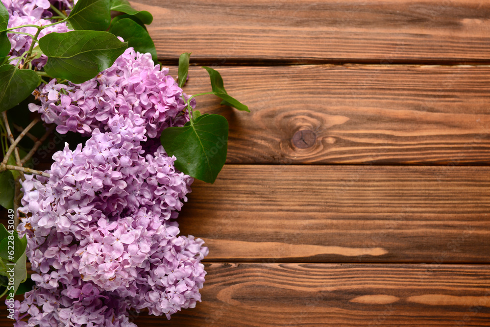 Beautiful bright lilac flowers on wooden background