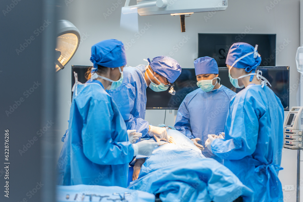 Professional doctors performing surgical operation in operating room. 