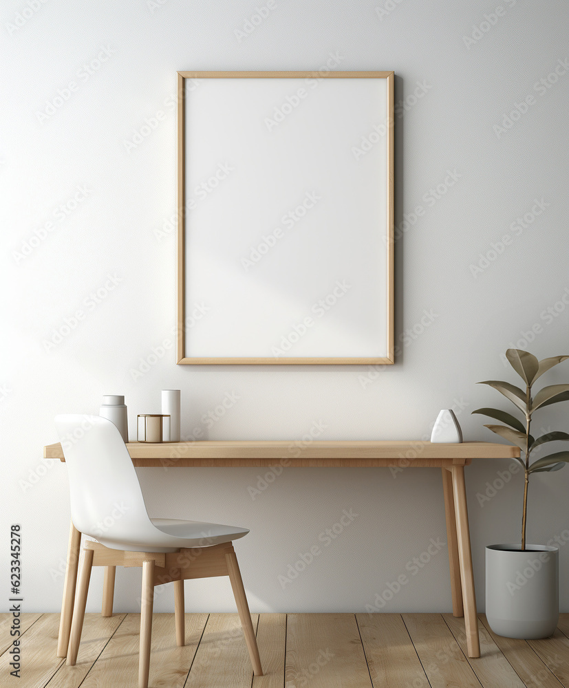 A pristine white chair and table with a stylishly minimalist painting mockup frame on the wall. Mini
