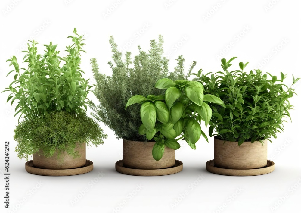 Set of potted green herbs