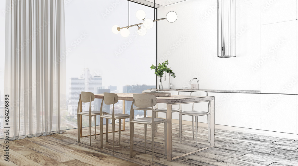 Sketch of modern light kitchen with window and city view, furniture. Interior design concept. 3D Ren