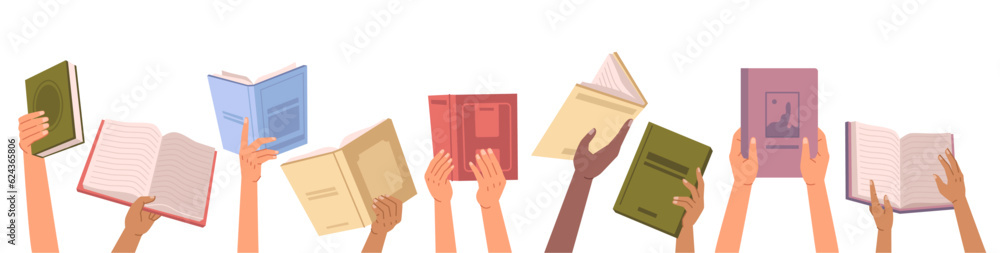 Book in hands, back to school, literature and textbook sharing, bookcrossing, education and knowledg