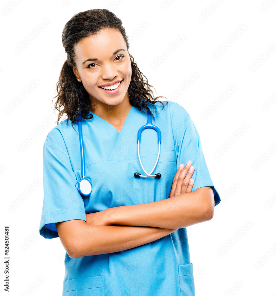 Arms crossed, portrait and a woman with healthcare pride isolated on a white background in a studio.