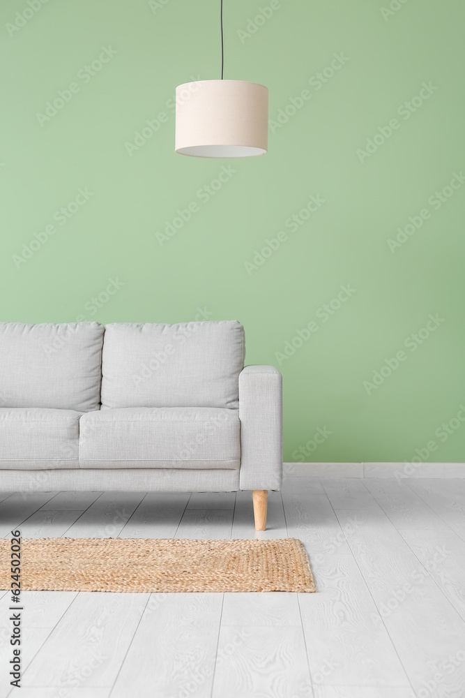 Interior of living room with sofa near green wall