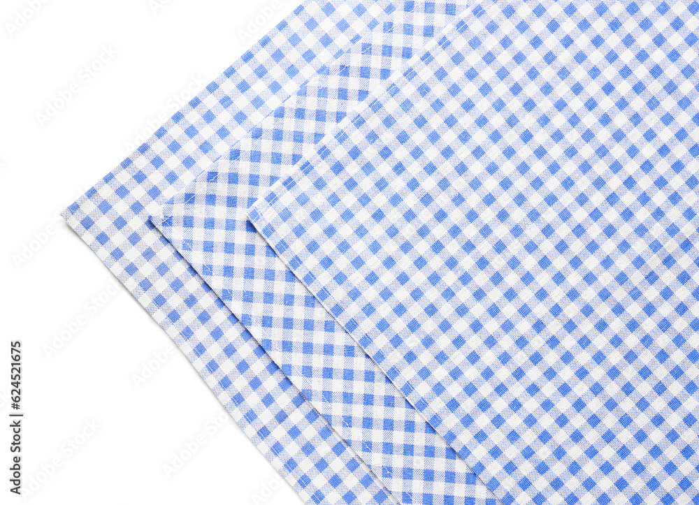 Set of checkered napkins on white background, closeup