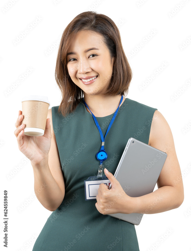 Portrait of asian businesswoman reading at tablet and holding coffee cup on isolated white backgroun