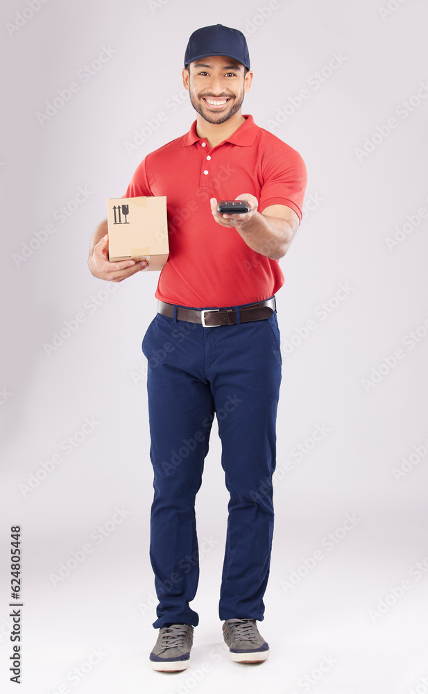 Asian man, portrait and box with pos for payment, delivery or ecommerce against a grey studio backgr