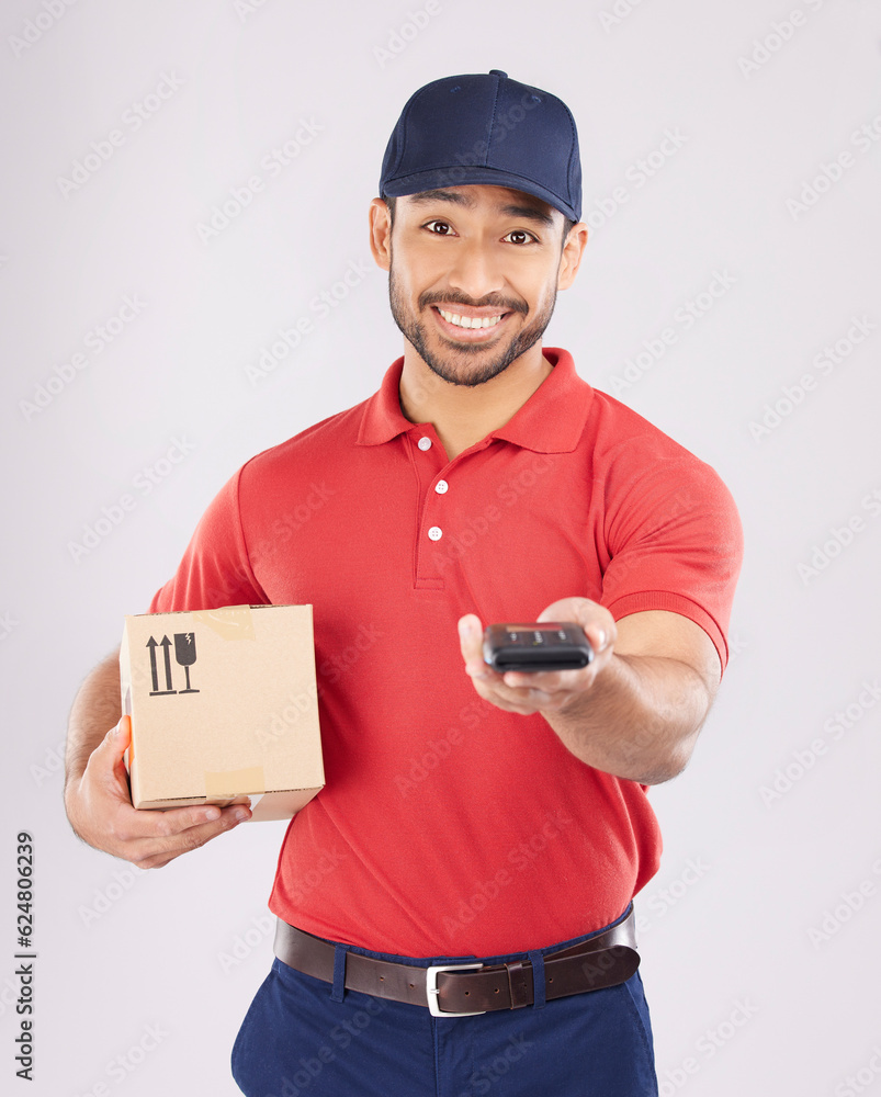 Happy man, portrait and box with pos for payment, delivery or ecommerce against a grey studio backgr
