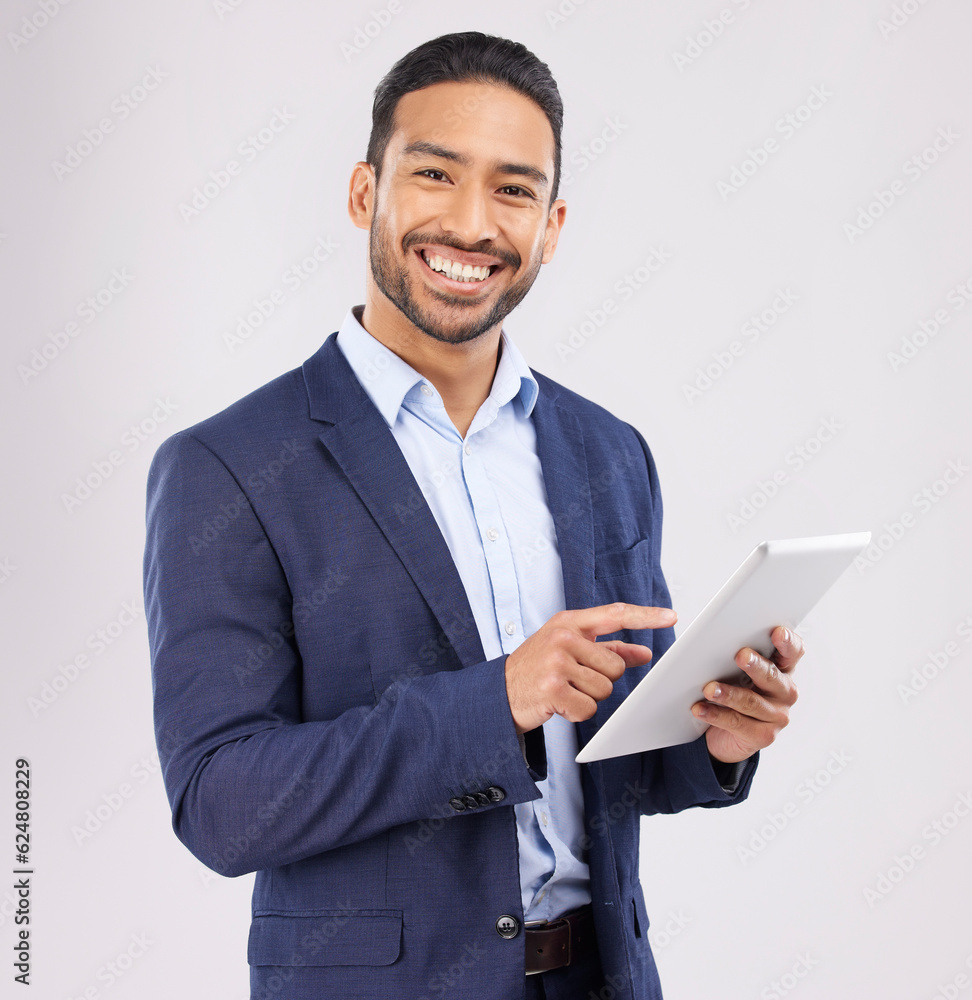 Portrait, asian man and business tablet in studio for planning research, trading data or stock marke