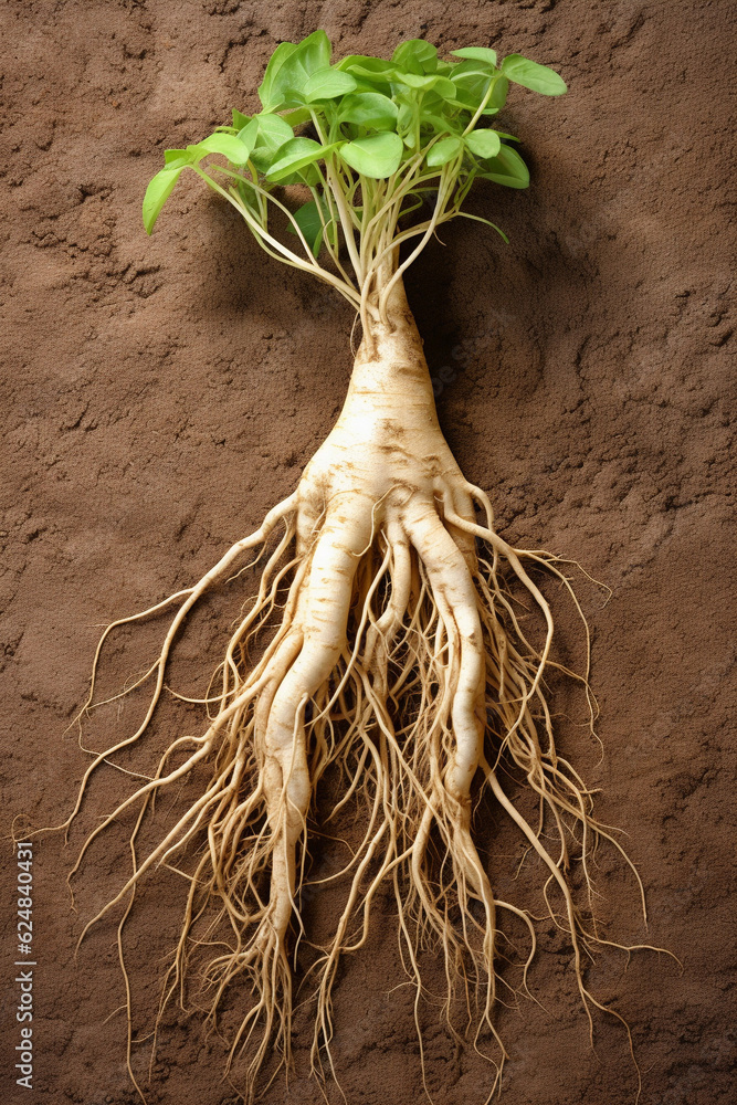 Ginseng root with roots on potting soil