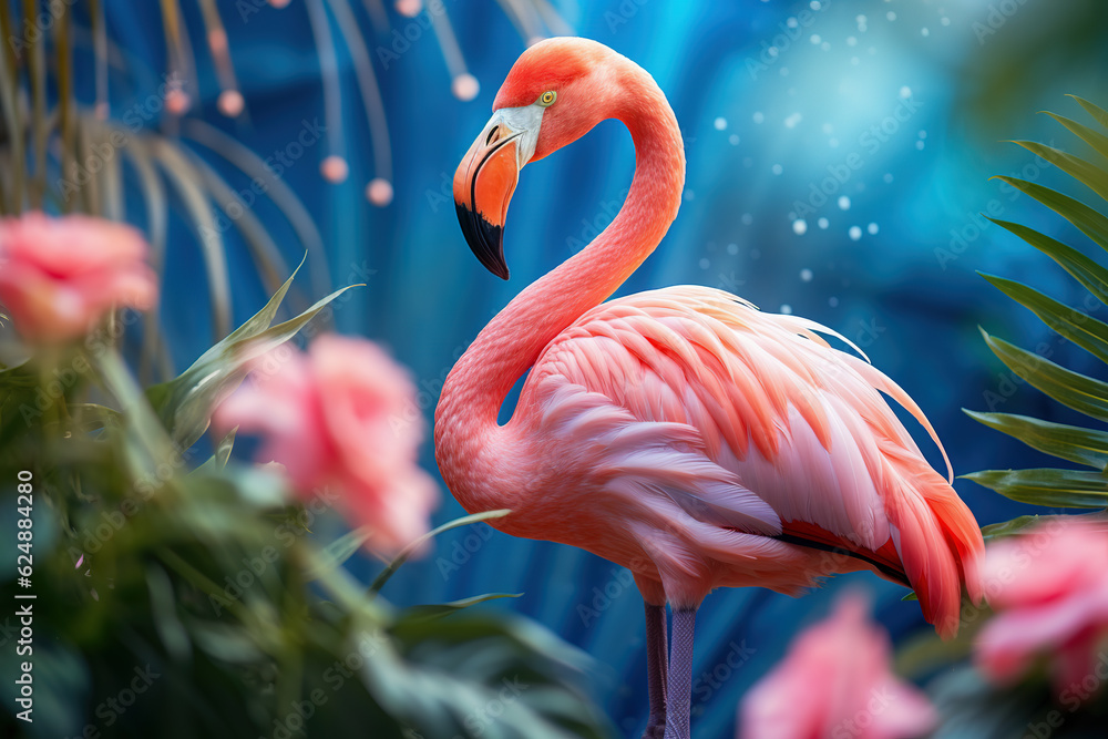 Pink flamingo in exotic jungle full of tropical leaves and large flowers.