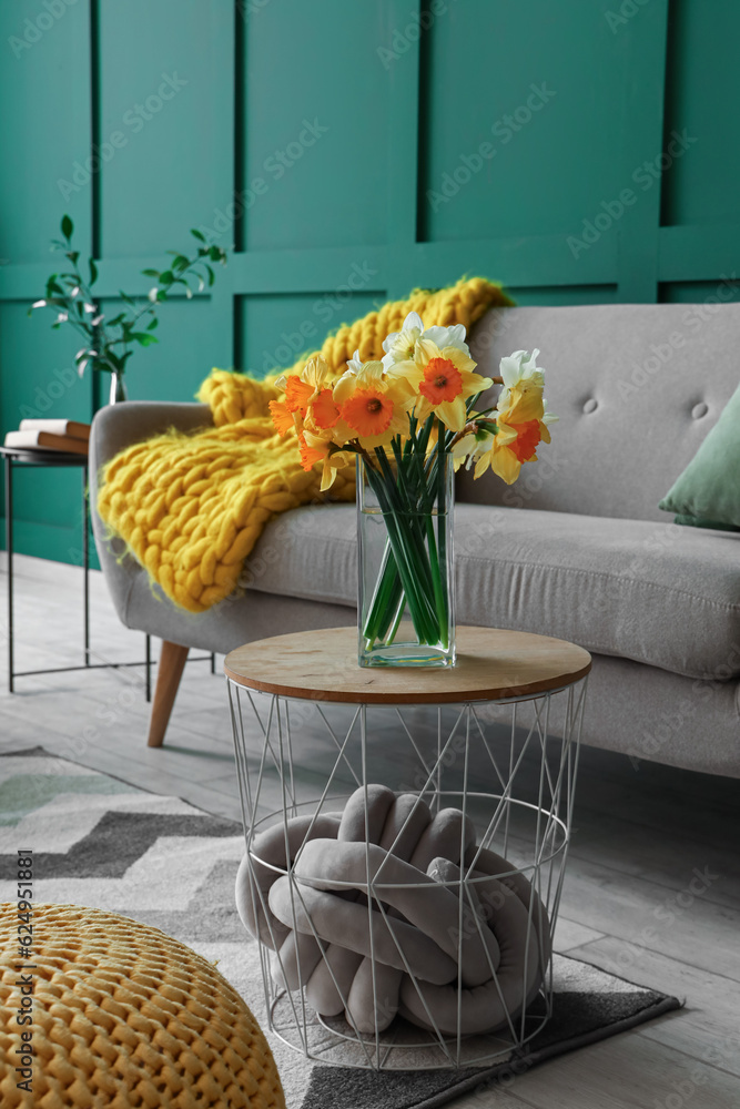 Interior of living room with grey sofa and narcissus flowers on coffee table