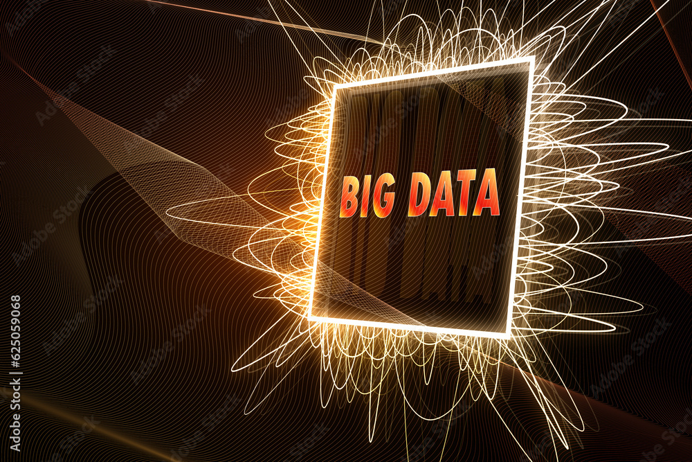 Creative big data chip on blurry waves backdrop. Machine learning and information mining concept. 3D