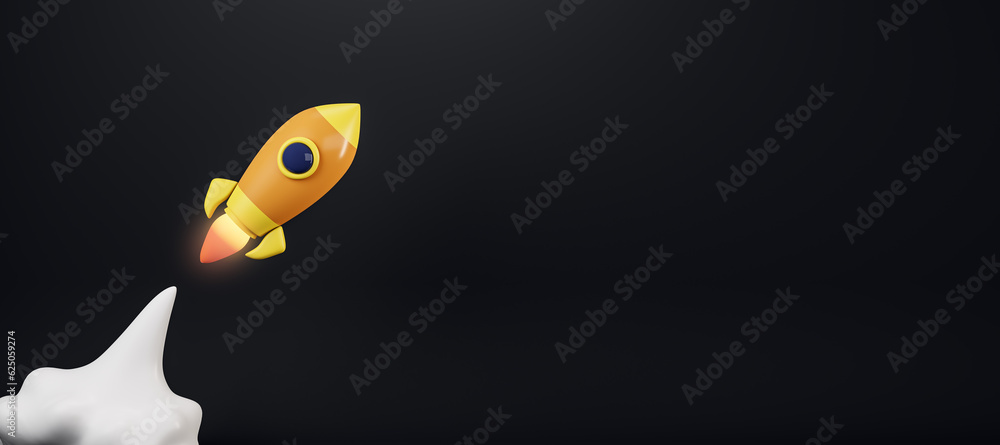 Creative cartoon rocket flying on wide black background with mock up place. Start up and new beginni