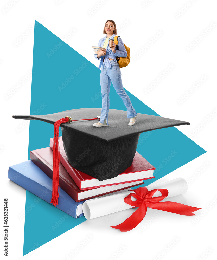 Diploma with red ribbon, graduation hat and books isolated on white background