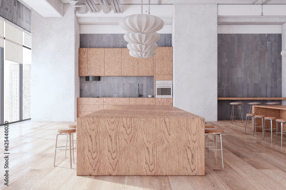 Bright loft meeting room interior with concrete walls, wooden flooring, furniture and equipment. 3D 