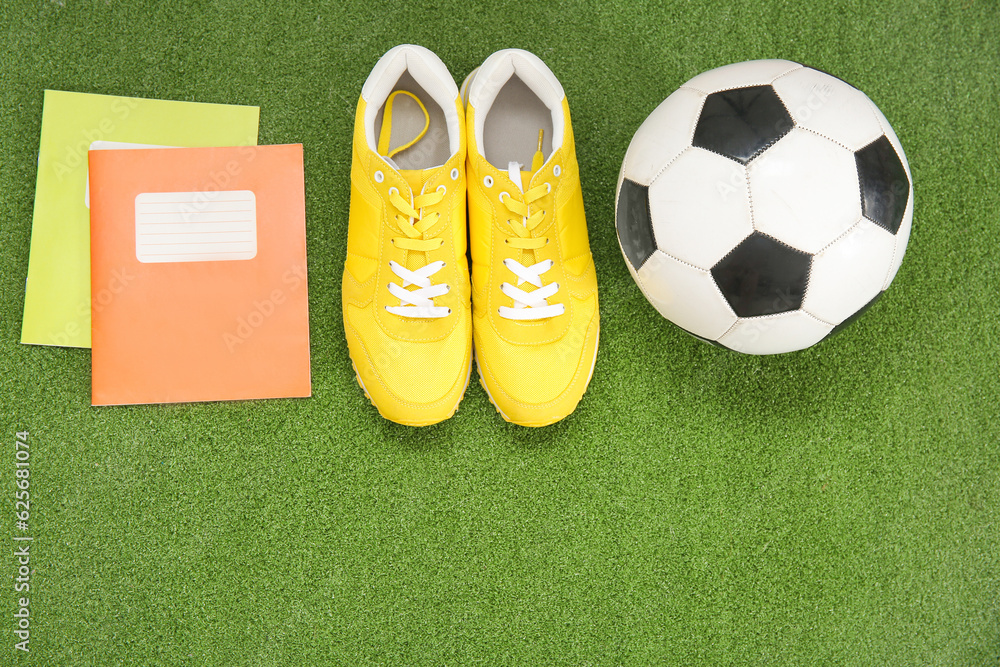 Sneakers with soccer ball and notebooks on color background
