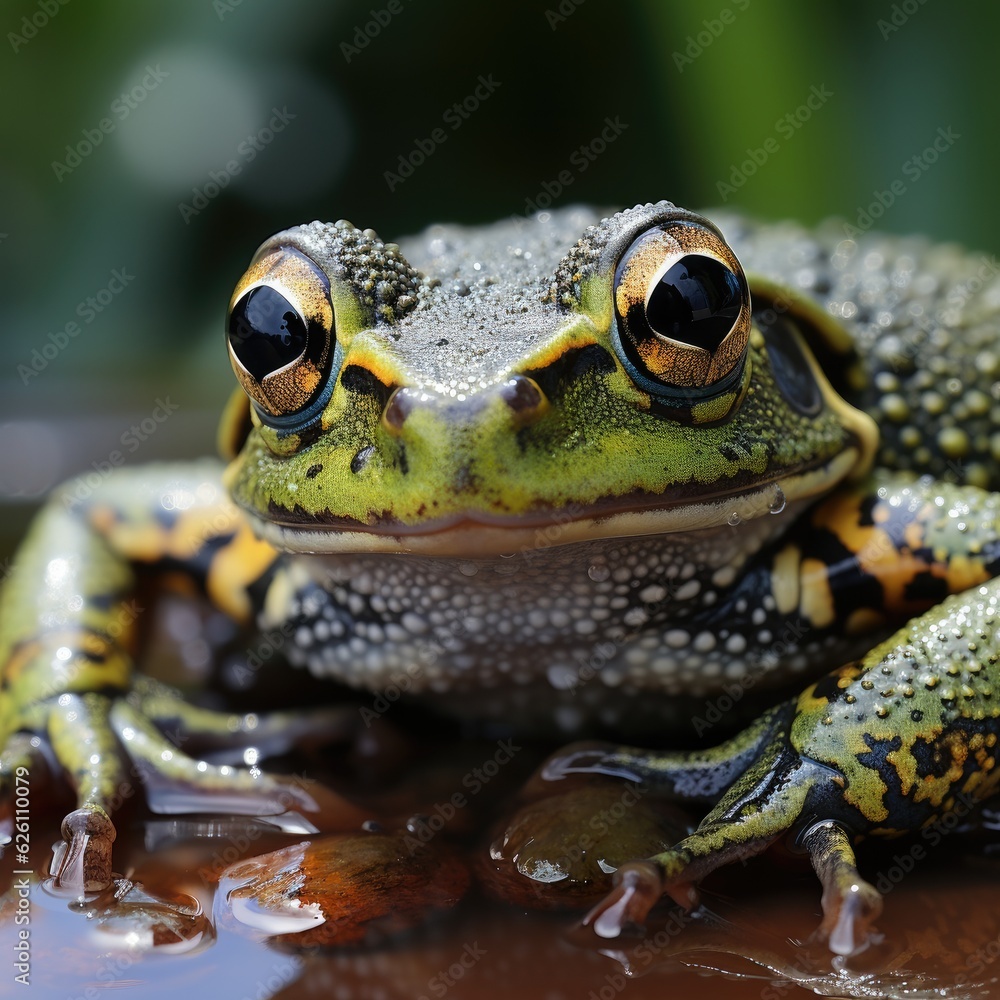 An extreme close-up of a tree frog on a lily pad, its eyes reflecting the tranquil pond, and a drago