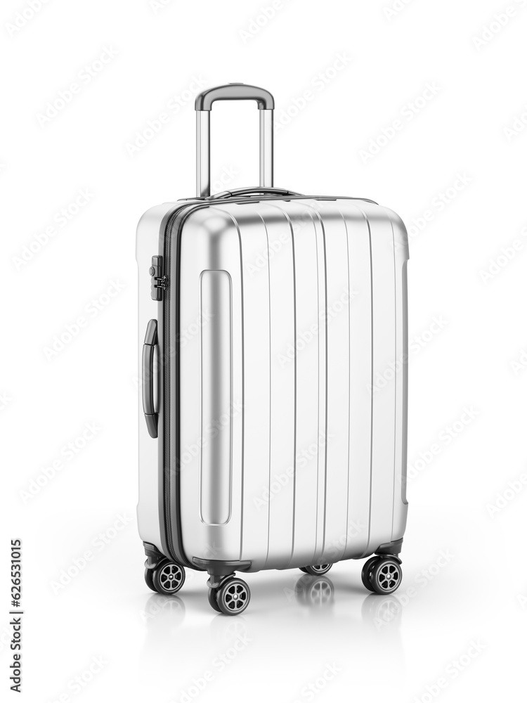 Stylish silver Suitcase on wheels isolated on white. Travel concept - suitcase 3d icon. Transparent 