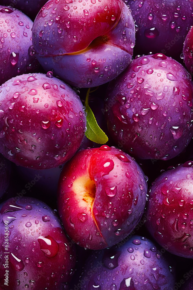 Pile of purple plums with water droplets on the top of them.