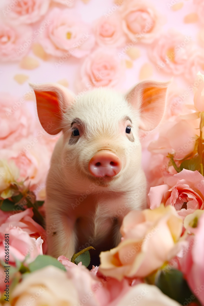 Small pig sitting in bed of pink flowers with surprised look on its face.