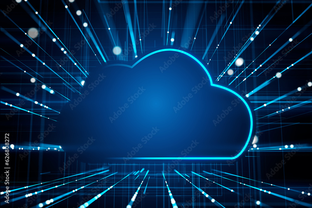 Glowing cloud symbol on dark blue background, technology concept. 3D Rendering