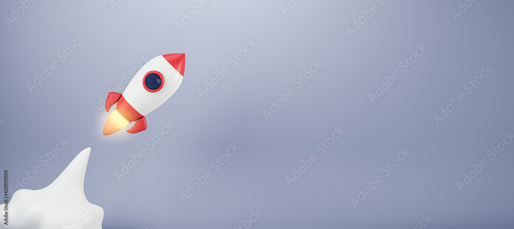Startup and promotion concept with launched rocket and blank place for your logo on light background