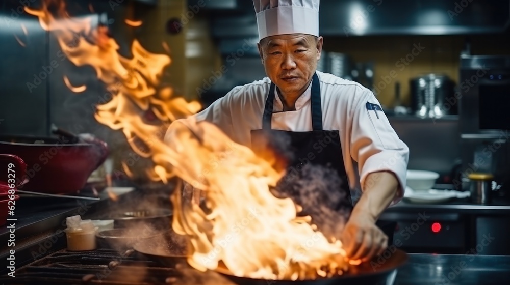 Asian chef cooking in restaurant
