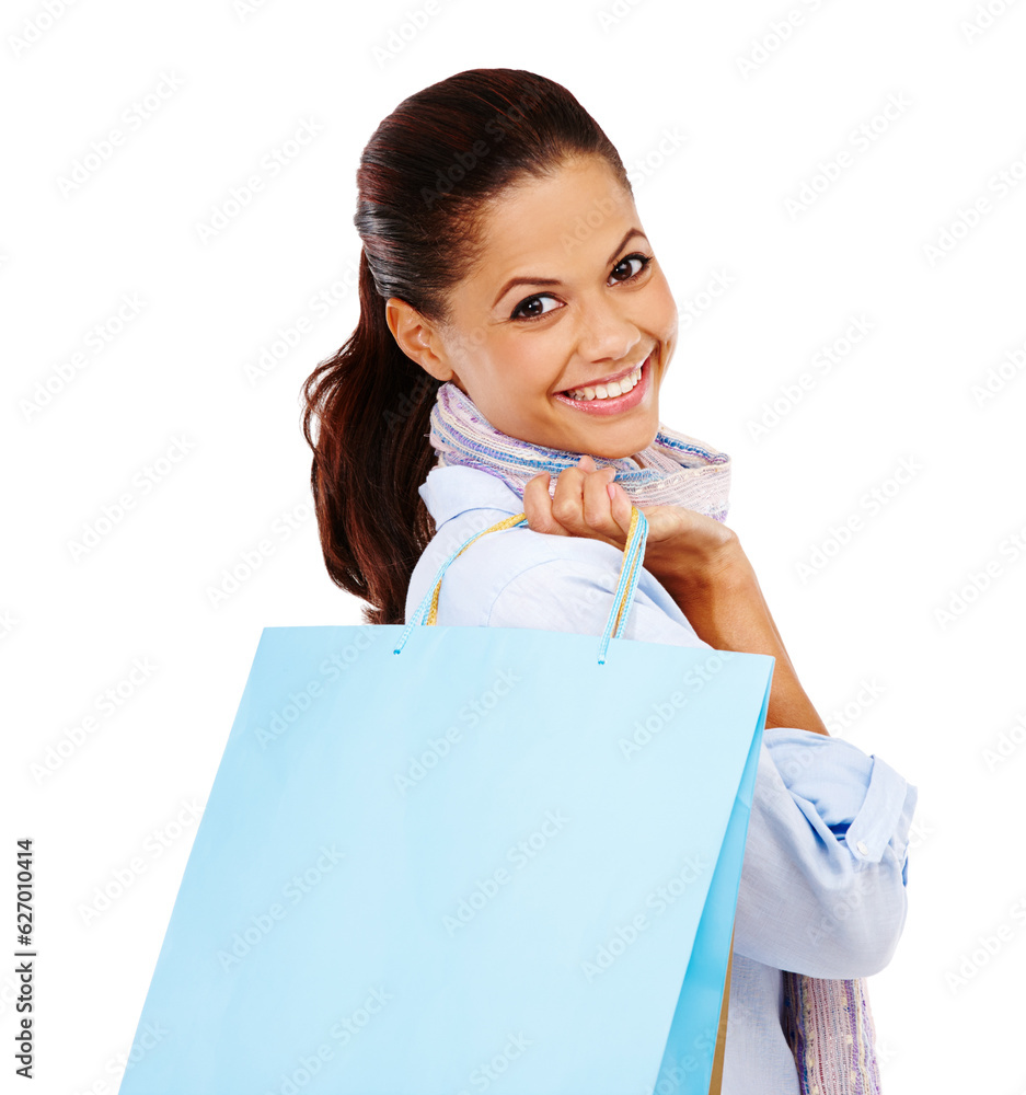 Woman, shopping and studio portrait with gift bag, isolated white background and sales. Happy custom