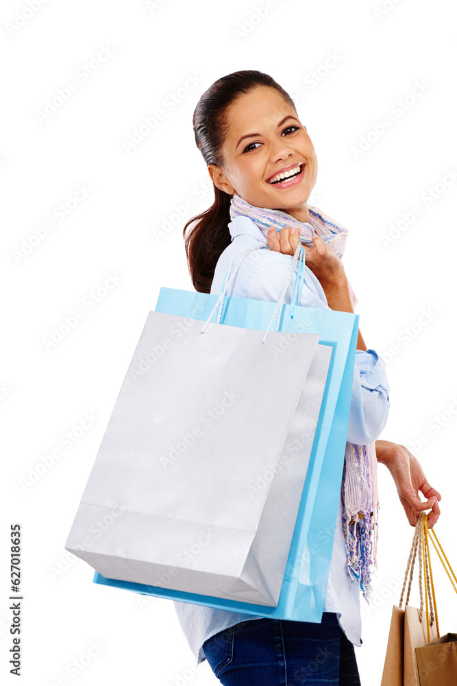 Woman, shopping bags and studio portrait with white background, isolated and market sales. Rich cust