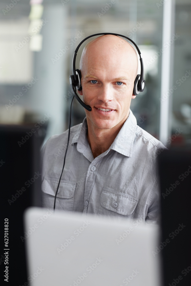 Call center, man and consultant portrait in office communication, tech support and computer software