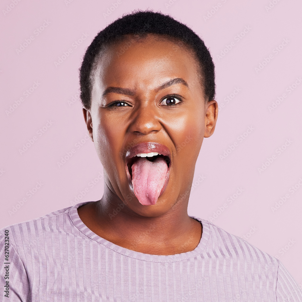Woman, eye and tongue in pink studio background with emoji in africa with closeup. Female person, fa