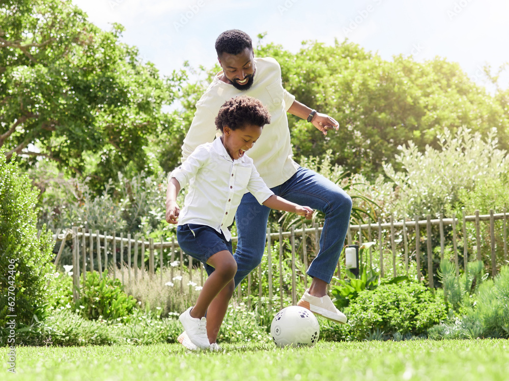 Soccer, happy dad and kid on a garden with exercise, sport learning and goal kick together. Lawn, fu
