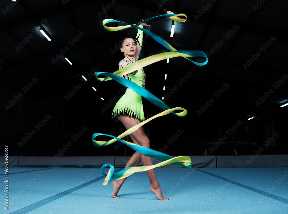 Rhythmic gymnastics, woman in gym and ribbon, creativity and action with performance and fitness. Co