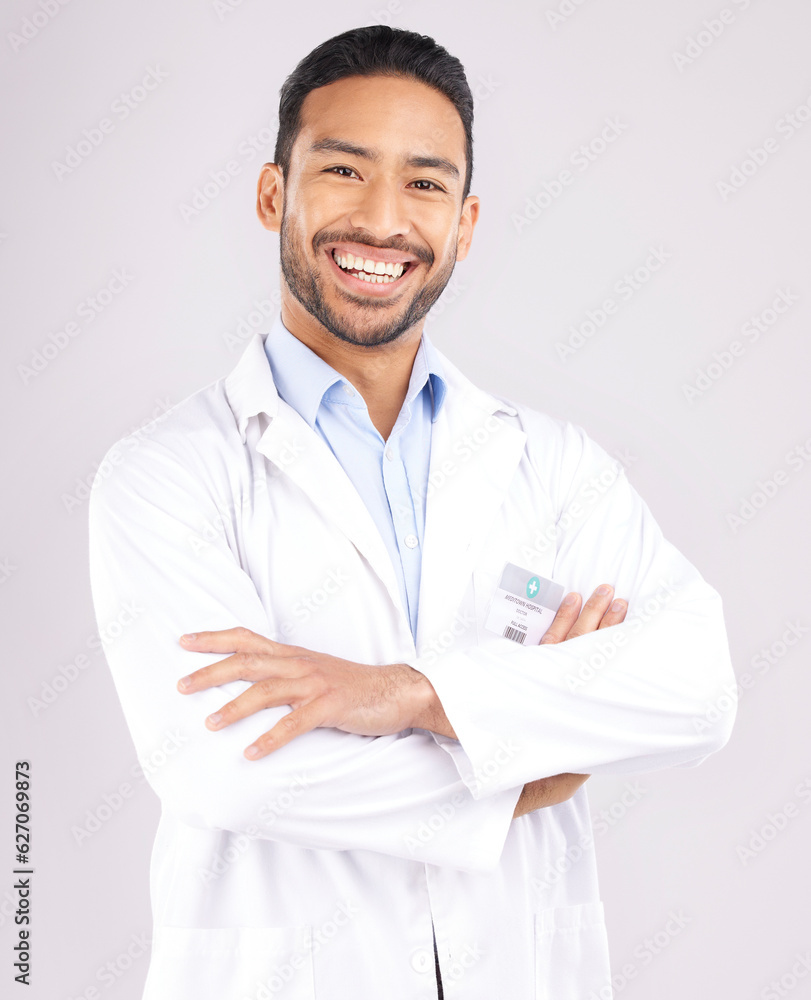 Man, portrait and scientist smile with arms crossed in studio isolated on a white background. Confid