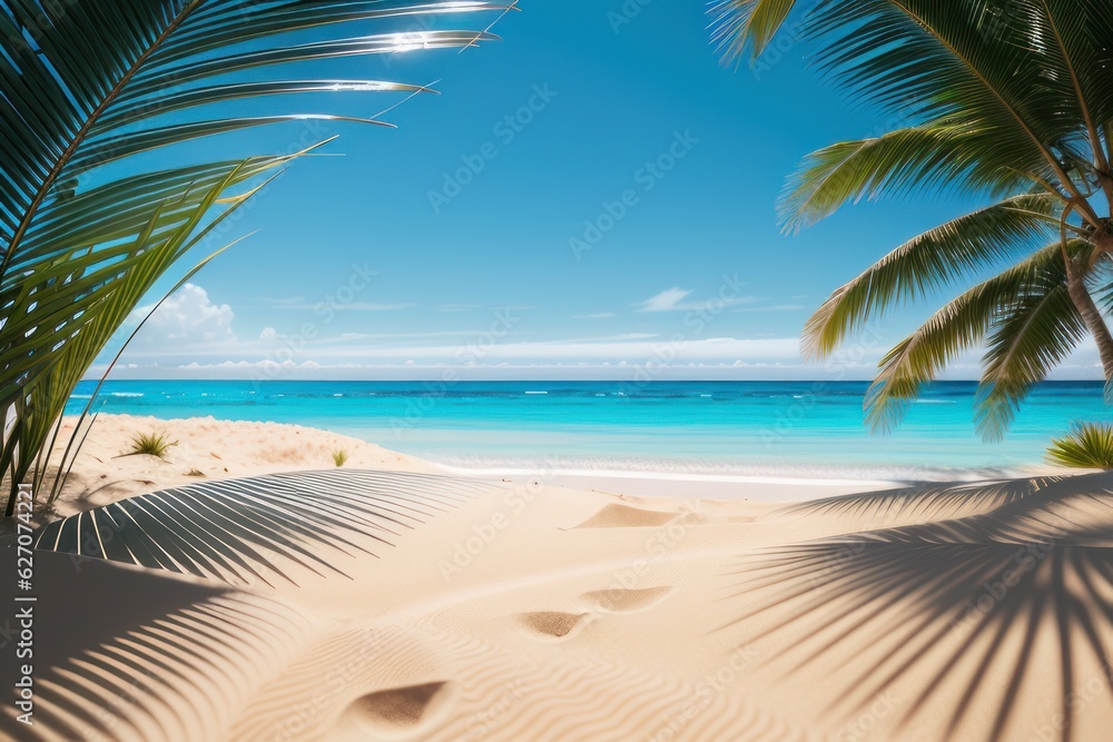 Beautiful tropical beach with white sand, palm trees, turquoise ocean against blue sky with clouds o