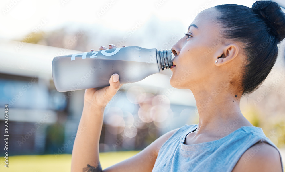Drinking water, fitness and woman for outdoor training, exercise and workout nutrition, health or we