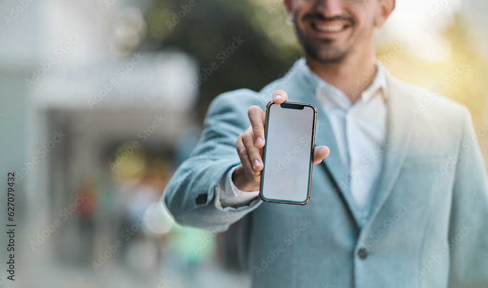 Hand, blank phone screen and space in street with happy business man for app mockup, promotion or br