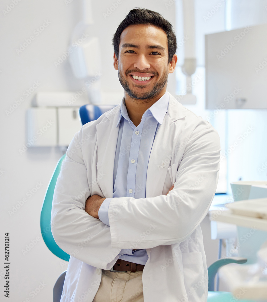Dentist, portrait and man with arms crossed for healthcare service, dental hospital or insurance in 