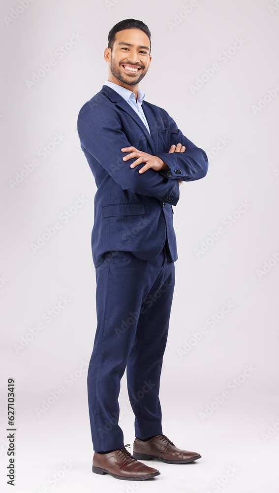 Portrait, business and asian man in studio with arms crossed for professional style of financial adv