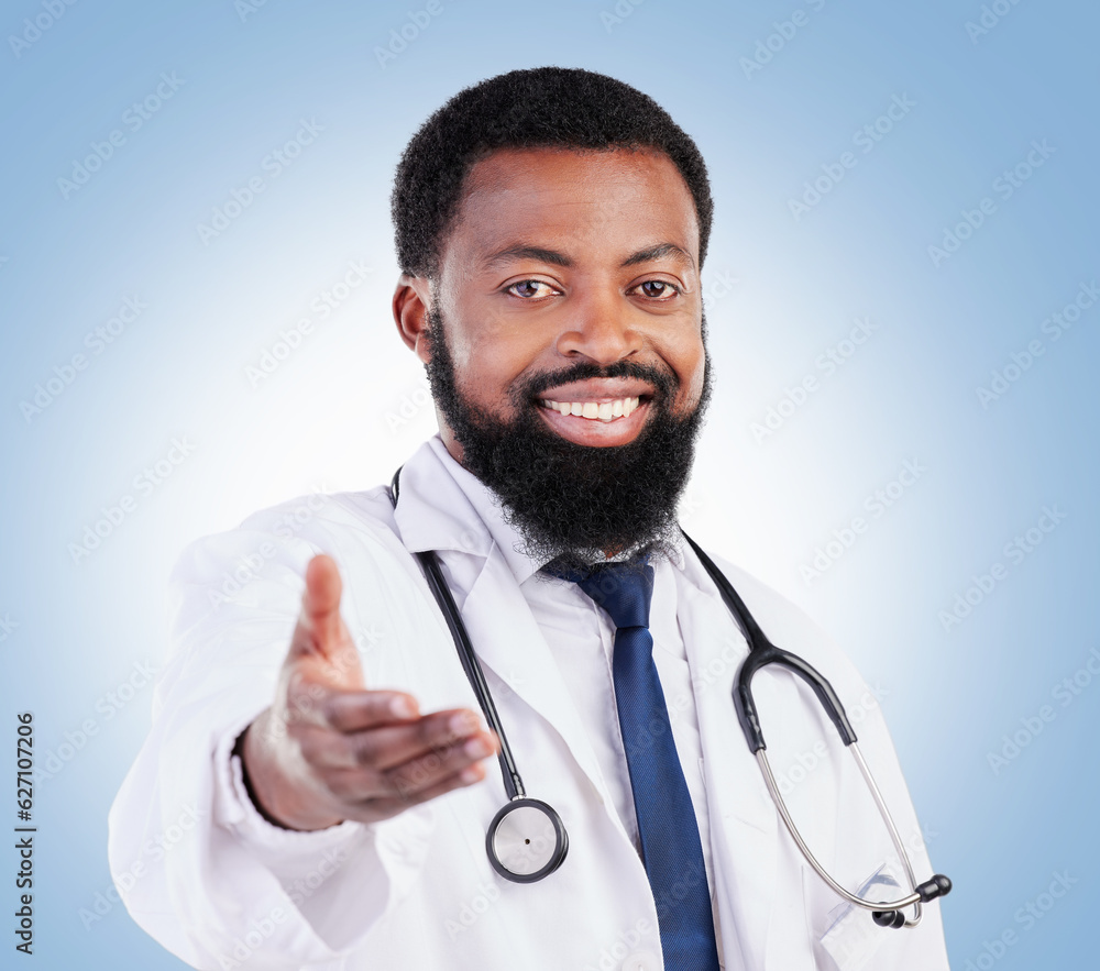 Portrait, doctor and black man in studio with hand, offer or deal, promo or announcement on blue bac