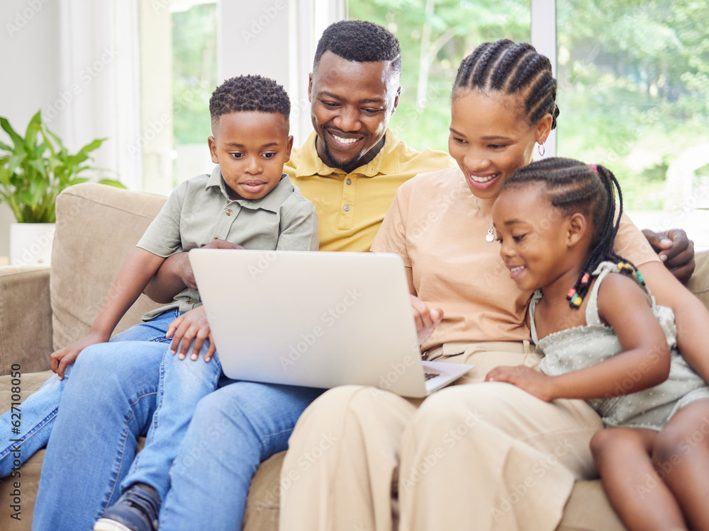 Black family, laptop or video with parents and children bonding on a sofa in the home living room to