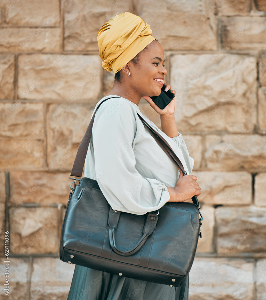 Phone call, walking in city and business black woman for contact, network and connection in town. Tr