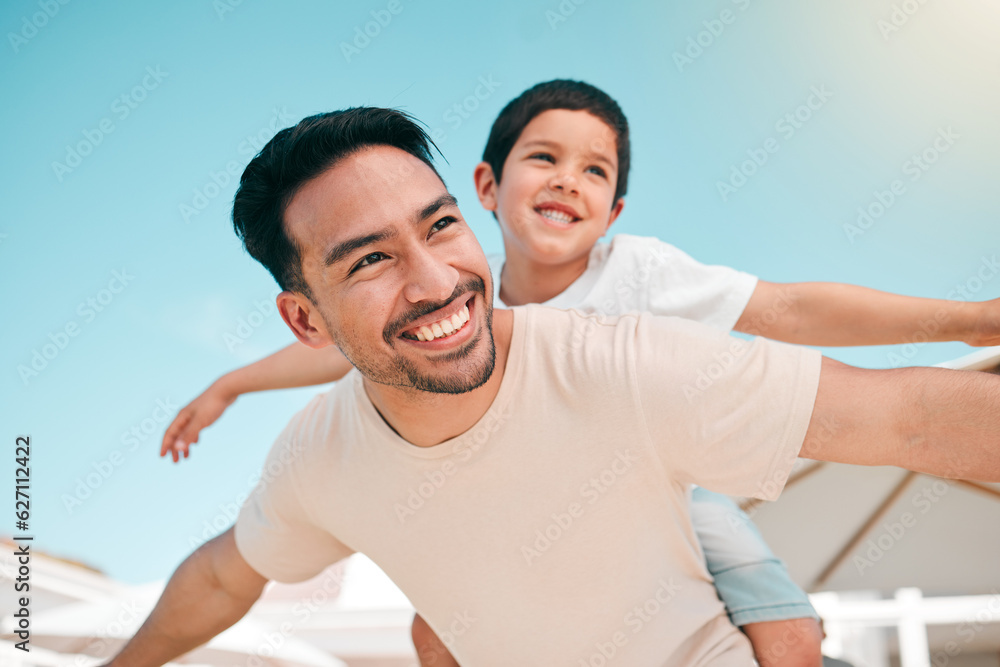 Happy, relax and piggyback with father and son in backyard for playful, support and airplane. Happin