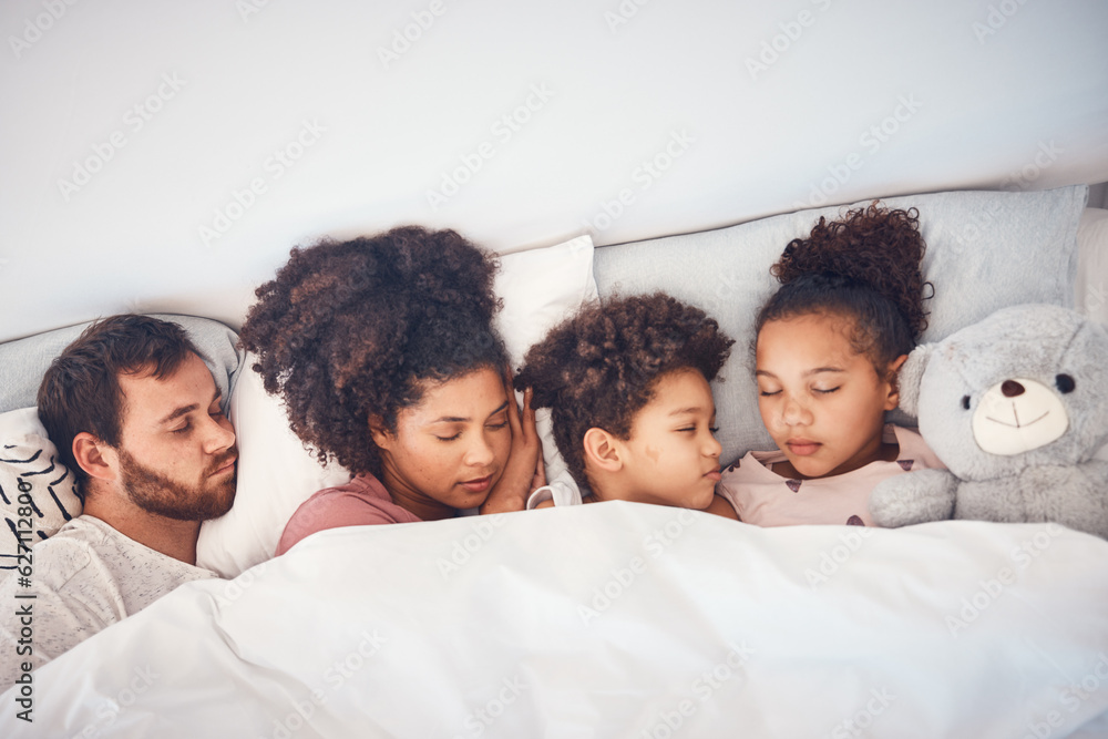 Sleeping, above and family in a bed with love, dreaming and resting in their home cosy together. Sle