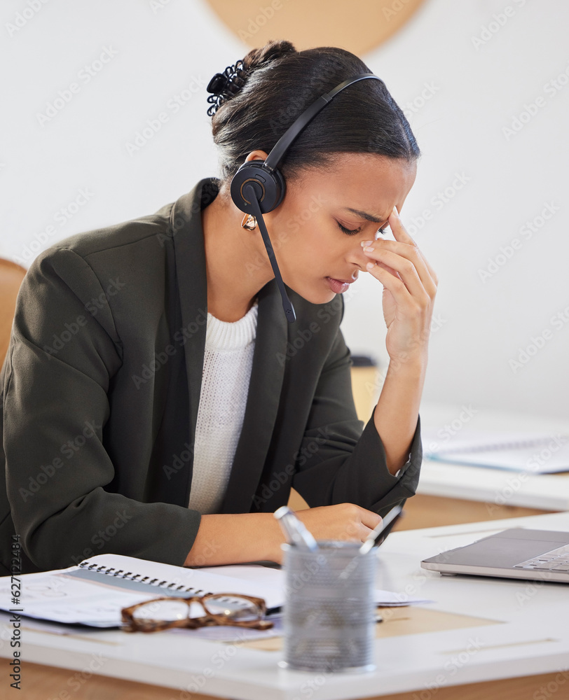 Telemarketing, business and woman with a headache, stress and burnout with call center, overworked a