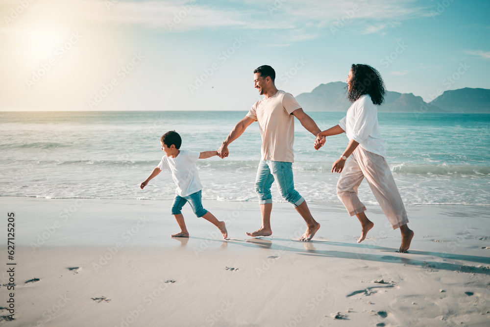 Running, flare and a family holding hands on the beach while walking during travel, vacation or bond