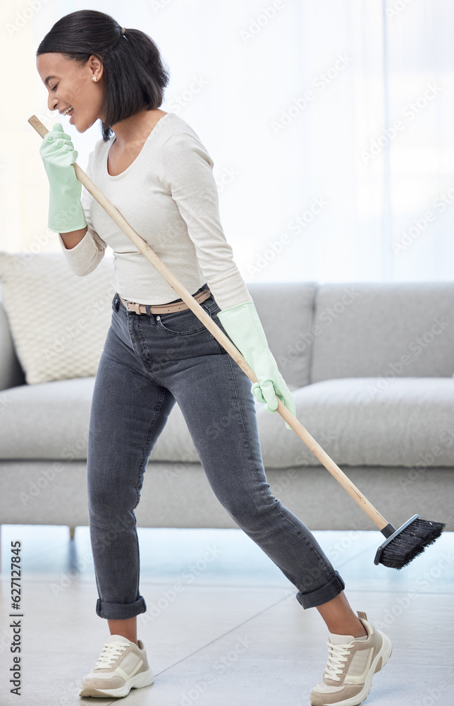 Singing, dance and woman with broom at home for cleaning, hygiene and weekend routine. Music, sing a
